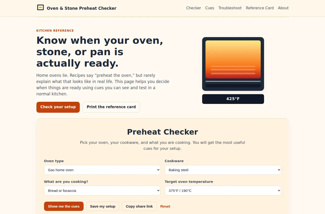 Screenshot of Oven & Stone Preheat Checker interface showing the project page in use